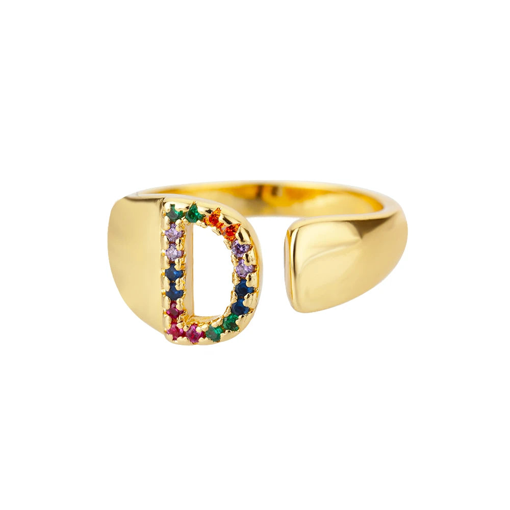 Adjustable Initial Letter Ring 18K Gold Plated | Multi-Colour Zircon Alphabet Ring for Women & Men | Elegant Birthday Gift!