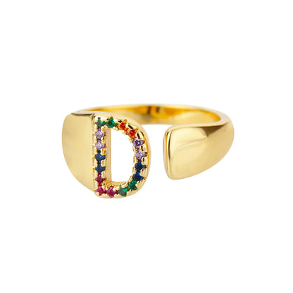 Adjustable Initial Letter Ring 18K Gold Plated | Multi-Colour Zircon Alphabet Ring for Women & Men | Elegant Birthday Gift!