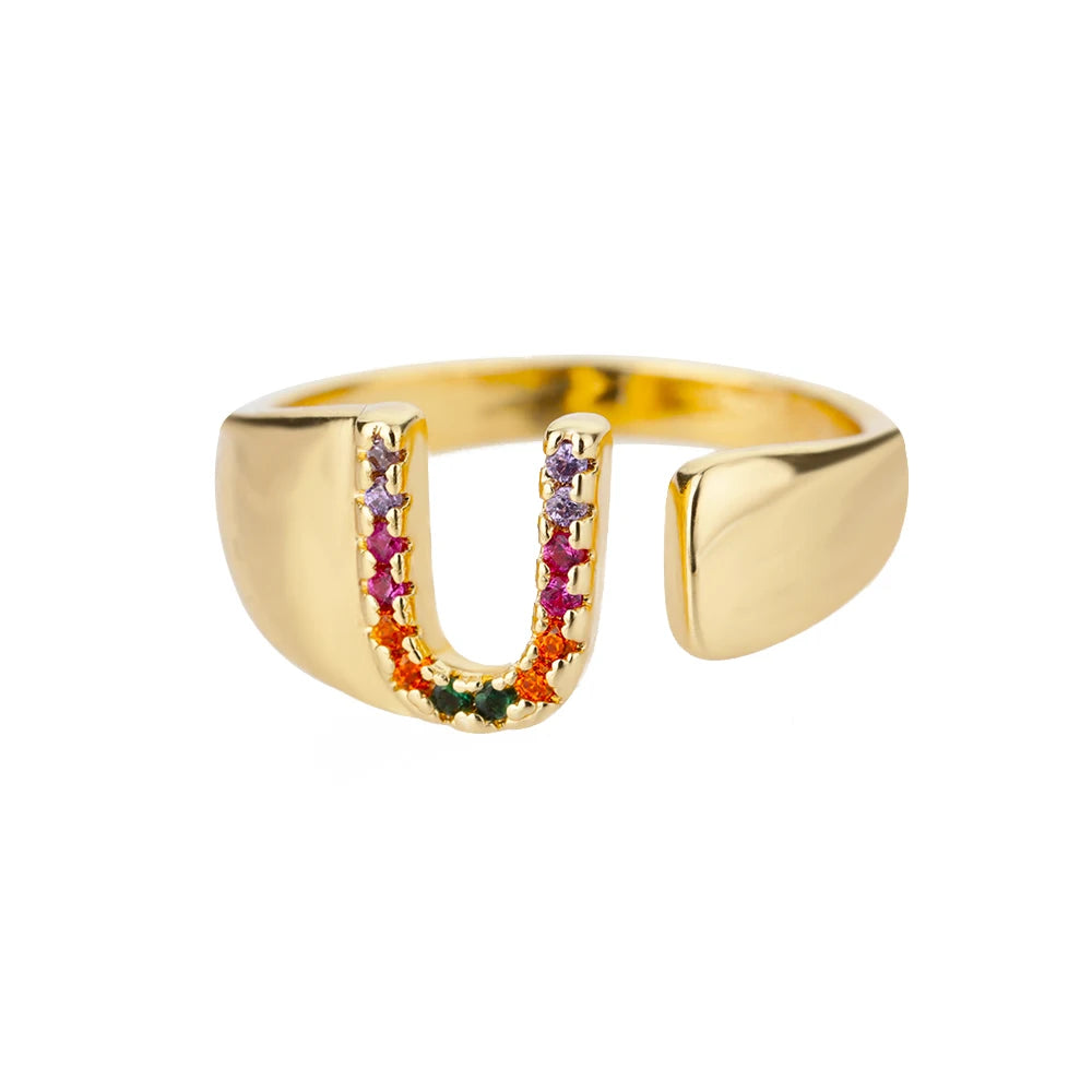 Adjustable Initial Letter Ring 18K Gold Plated | Multi-Colour Zircon Alphabet Ring for Women & Men | Elegant Birthday Gift!
