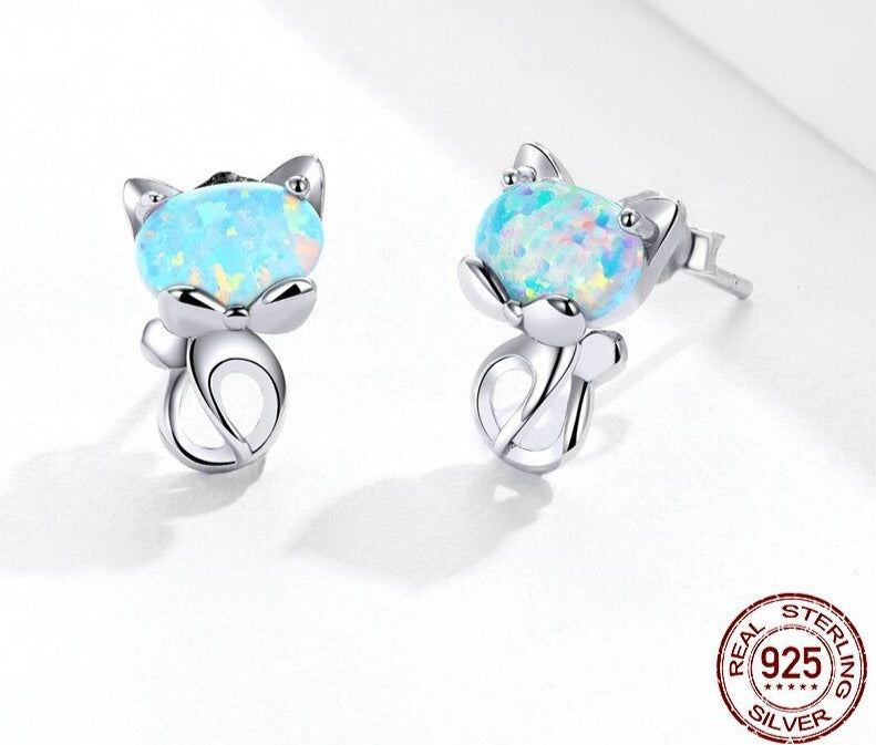 Whiskers of Whimsy: Genuine 925 Sterling Silver Blue Opal Cute Cat Stud Earrings - Fashion Jewelry Gifts for Girls, Teens, and Women!
