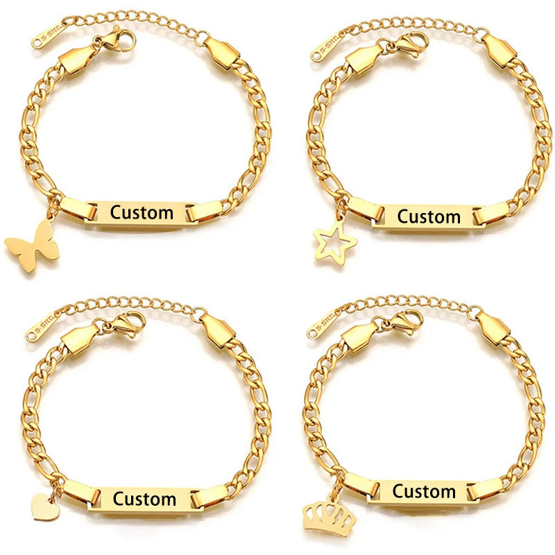 Unisex Stainless Steel Baby Name Bracelet with Crown Charm – Personalized Custom Engraved Adjustable ID Bracelet for Kids