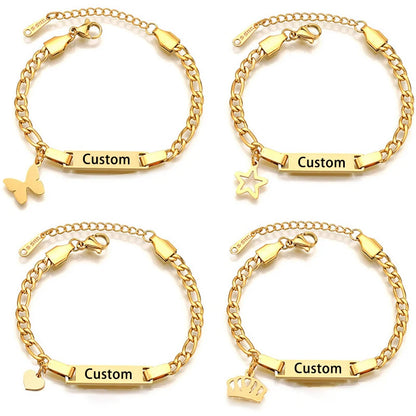 Unisex Stainless Steel Baby Name Bracelet with Crown Charm – Personalized Custom Engraved Adjustable ID Bracelet for Kids