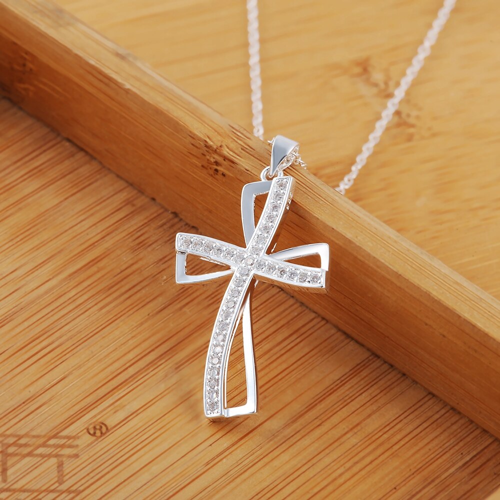 Divine Elegance: 925 Sterling Silver Zircon Studded Cross Pendant Necklace - Fashion Jewelry for Teens and Women, Perfect for Confirmation Parties!