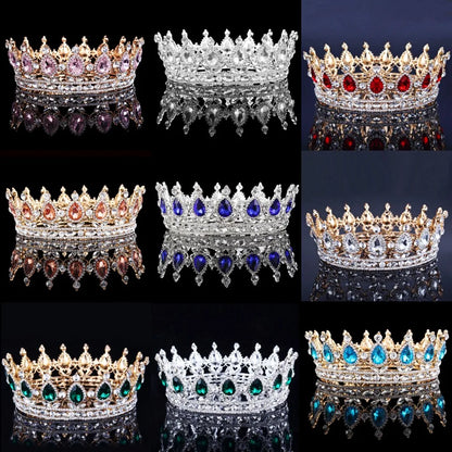 Rule with Radiance: Baroque Royal Queen King Rhinestone Round Crowns for Pageants, Photoshoots, and Parties!