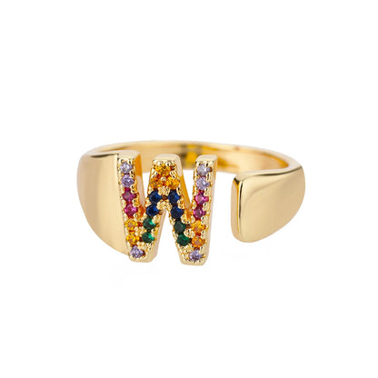 Adjustable Initial Letter Ring 18K Gold Plated | Multi-Colour Zircon Alphabet Ring for Women & Men | Elegant Birthday Gift!