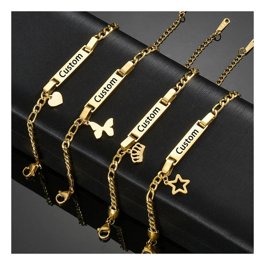 Unisex Stainless Steel Baby Name Bracelet with Crown Charm – Personalized Custom Engraved Adjustable ID Bracelet for Kids