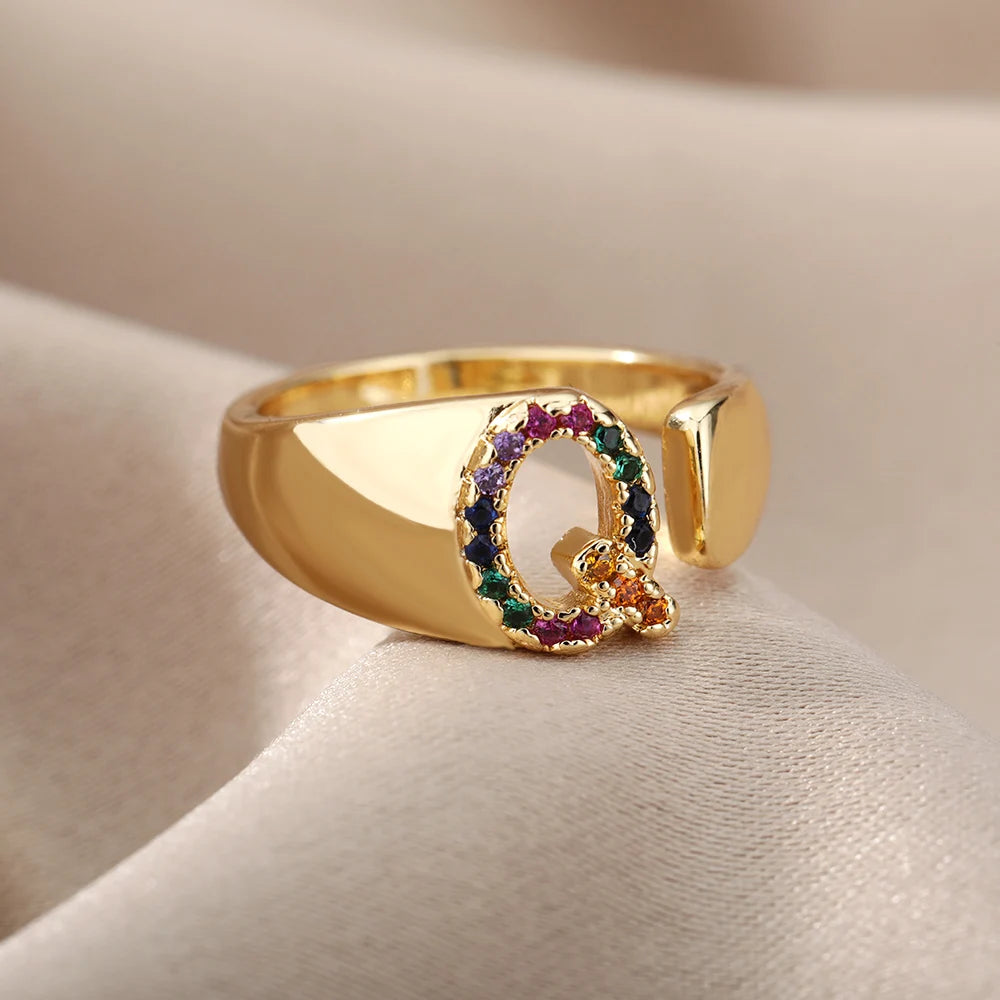 Adjustable Initial Letter Ring 18K Gold Plated | Multi-Colour Zircon Alphabet Ring for Women & Men | Elegant Birthday Gift!