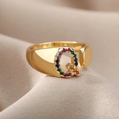 Adjustable Initial Letter Ring 18K Gold Plated | Multi-Colour Zircon Alphabet Ring for Women & Men | Elegant Birthday Gift!