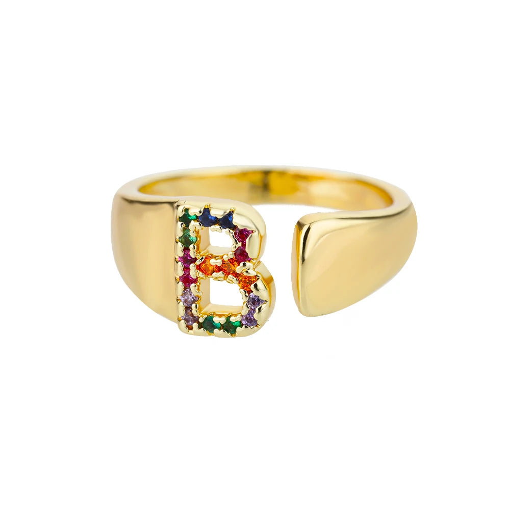 Adjustable Initial Letter Ring 18K Gold Plated | Multi-Colour Zircon Alphabet Ring for Women & Men | Elegant Birthday Gift!