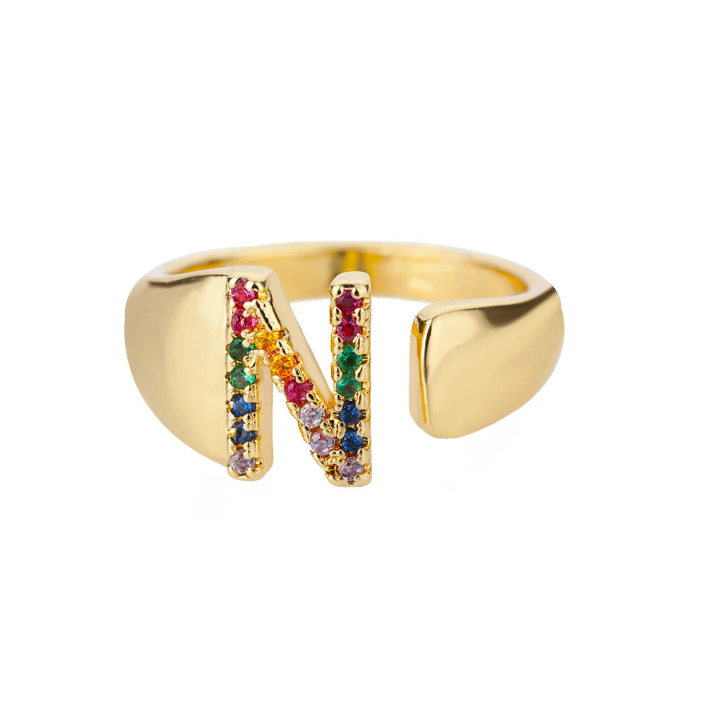 Adjustable Initial Letter Ring 18K Gold Plated | Multi-Colour Zircon Alphabet Ring for Women & Men | Elegant Birthday Gift!