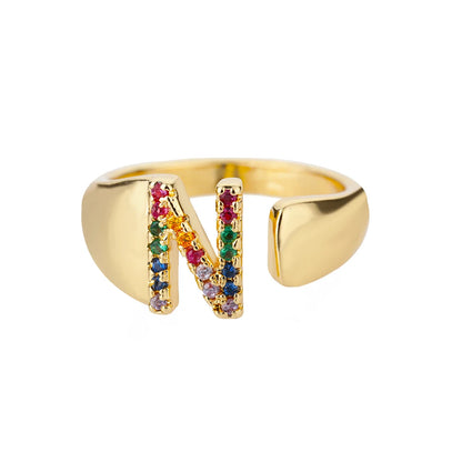 Adjustable Initial Letter Ring 18K Gold Plated | Multi-Colour Zircon Alphabet Ring for Women & Men | Elegant Birthday Gift!