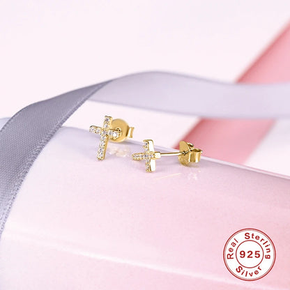 Sparkling Sterling Silver Cross Stud Earrings – Elegant Crystal Earrings for Girls & Boys, Kids Jewellery Gift!
