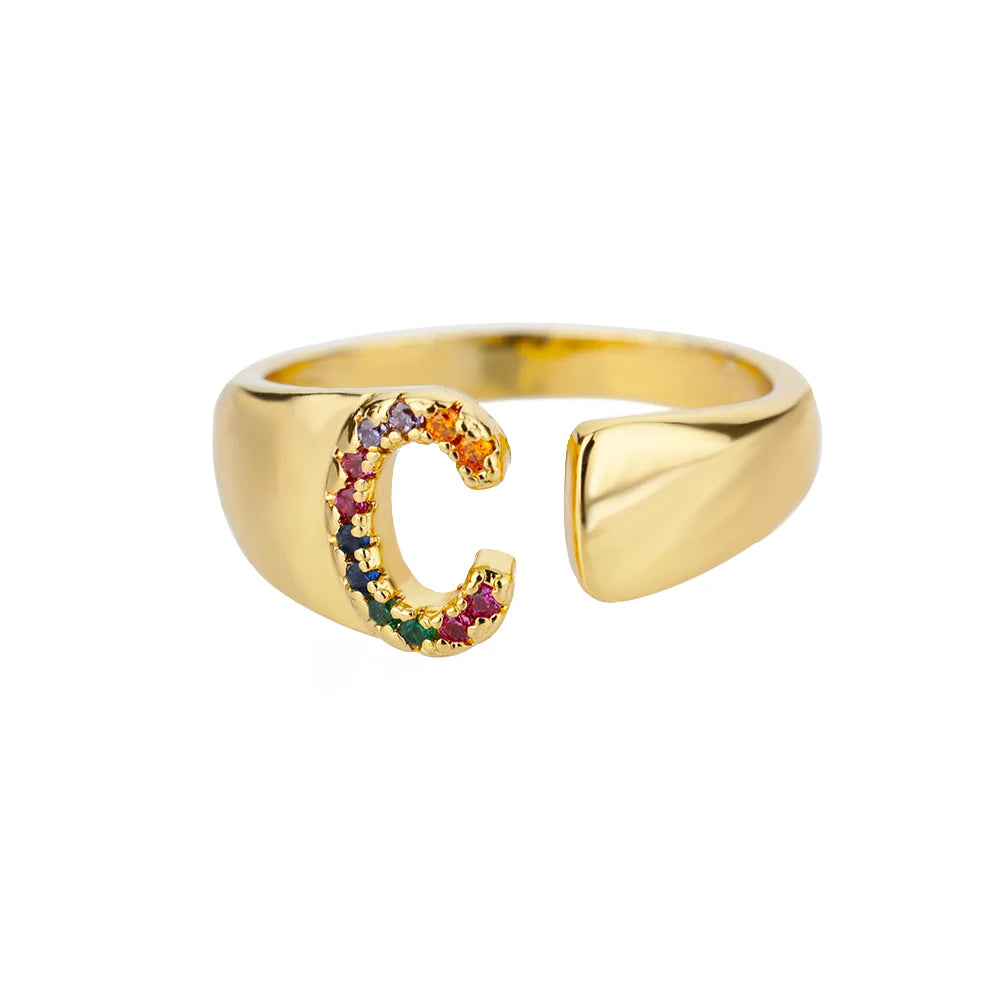 Adjustable Initial Letter Ring 18K Gold Plated | Multi-Colour Zircon Alphabet Ring for Women & Men | Elegant Birthday Gift!