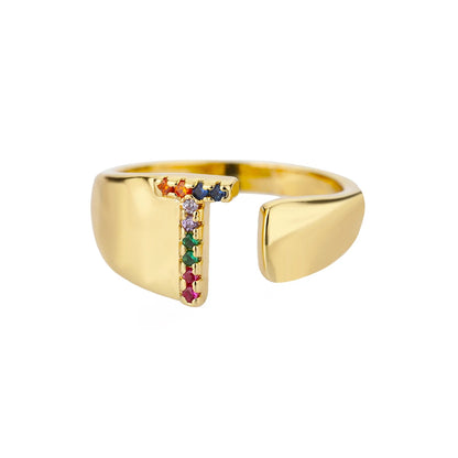 Adjustable Initial Letter Ring 18K Gold Plated | Multi-Colour Zircon Alphabet Ring for Women & Men | Elegant Birthday Gift!