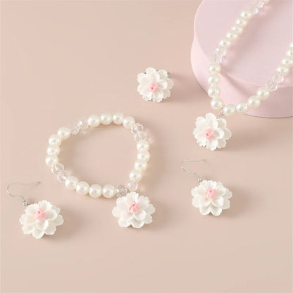 Sweet Imitation Pearl Jewellery Set for Teens | Flower Pendant Necklace, Bracelet, Earrings & Adjustable Ring Gift!