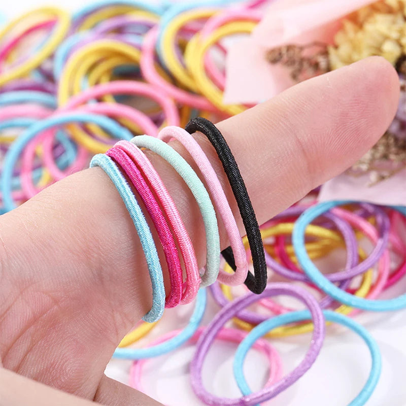 100Pcs Girls Elastic Hair Bands | 3cm Basic Rubber Hair Ties | Kids Ponytail Bands & Everyday Hair Accessories!