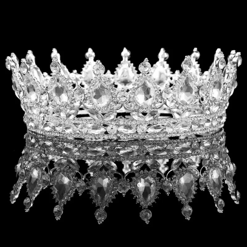 Rule with Radiance: Baroque Royal Queen King Rhinestone Round Crowns for Pageants, Photoshoots, and Parties!