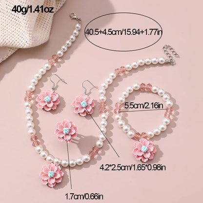 Sweet Imitation Pearl Jewellery Set for Teens | Flower Pendant Necklace, Bracelet, Earrings & Adjustable Ring Gift!