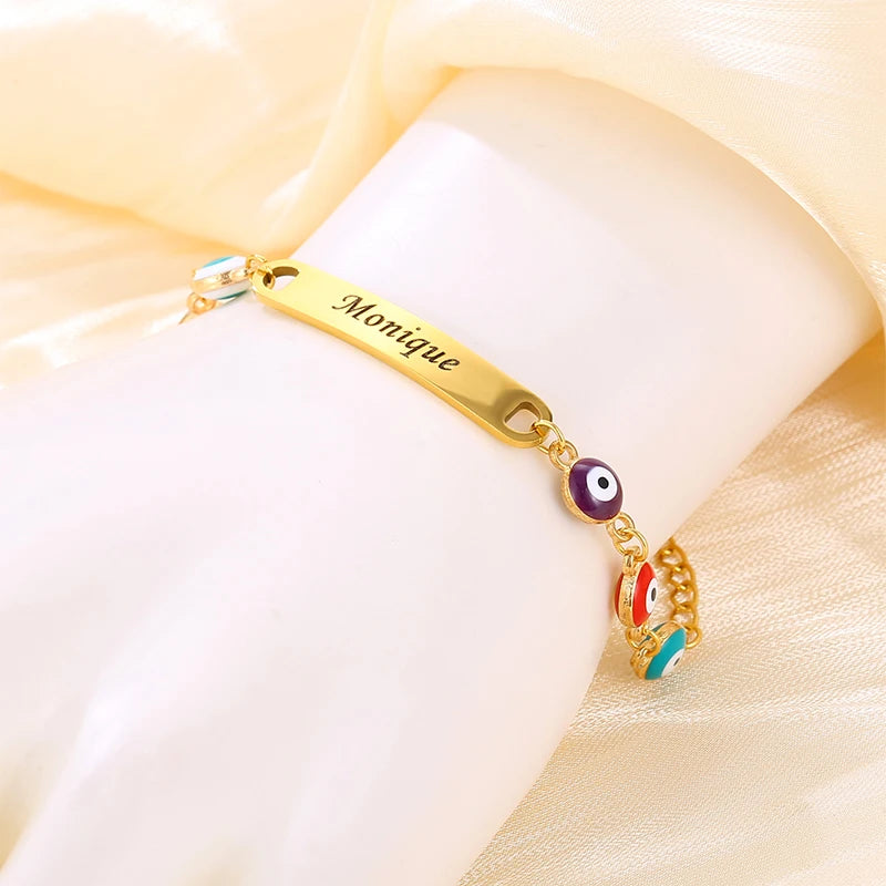 Personalised Name Bracelet with Eye Beads | Custom Engraved Chain Link Friendship Bracelet for Kids!