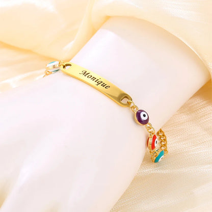 Personalised Name Bracelet with Eye Beads | Custom Engraved Chain Link Friendship Bracelet for Kids!