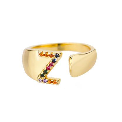 Adjustable Initial Letter Ring 18K Gold Plated | Multi-Colour Zircon Alphabet Ring for Women & Men | Elegant Birthday Gift!