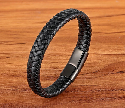 Premium Boys Bracelet - Stainless Steel Magnetic Clasp Woven Real Leather Bracelet| Fashion Accessory & Birthday Gift