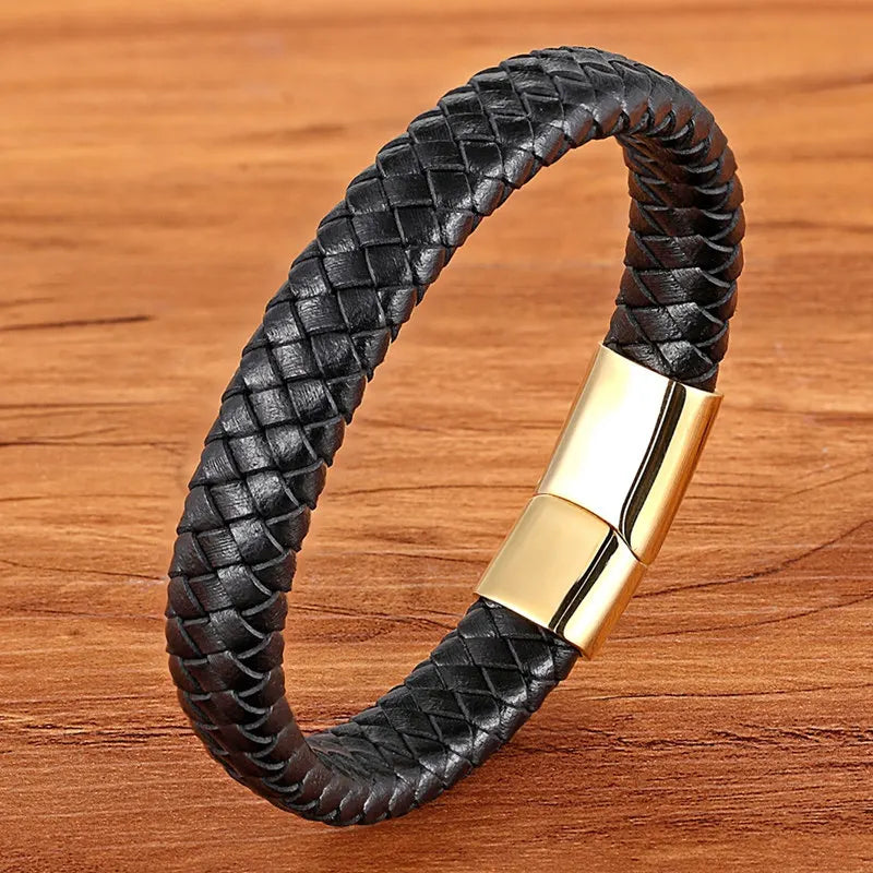 Premium Boys Bracelet - Stainless Steel Magnetic Clasp Woven Real Leather Bracelet| Fashion Accessory & Birthday Gift