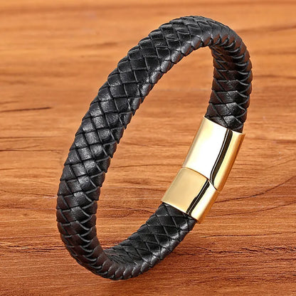 Premium Boys Bracelet - Stainless Steel Magnetic Clasp Woven Real Leather Bracelet| Fashion Accessory & Birthday Gift