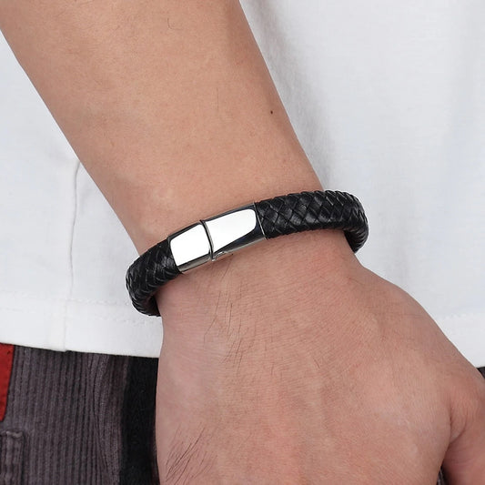 Premium Boys Bracelet - Stainless Steel Magnetic Clasp Woven Real Leather Bracelet| Fashion Accessory & Birthday Gift