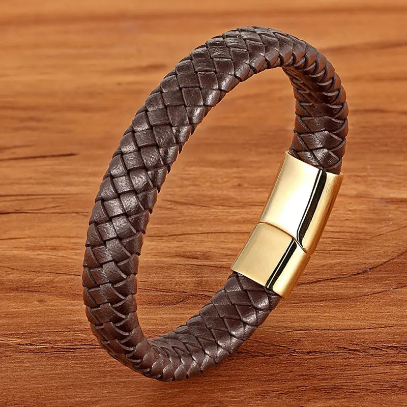 Premium Boys Bracelet - Stainless Steel Magnetic Clasp Woven Real Leather Bracelet| Fashion Accessory & Birthday Gift