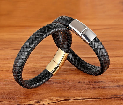 Premium Boys Bracelet - Stainless Steel Magnetic Clasp Woven Real Leather Bracelet| Fashion Accessory & Birthday Gift