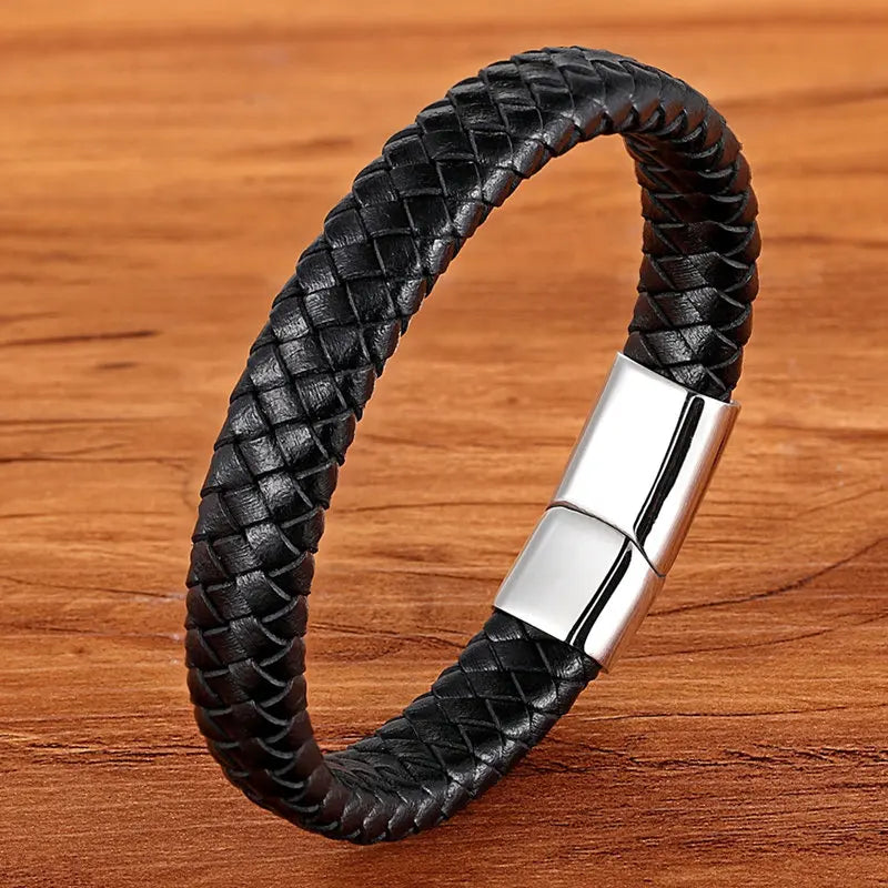 Premium Boys Bracelet - Stainless Steel Magnetic Clasp Woven Real Leather Bracelet| Fashion Accessory & Birthday Gift
