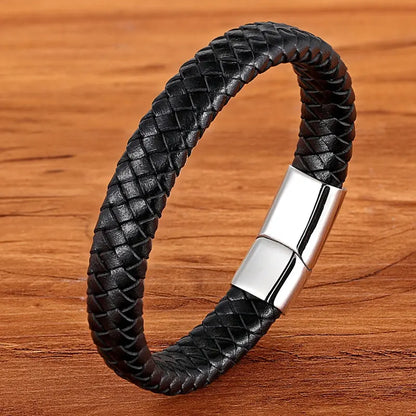 Premium Boys Bracelet - Stainless Steel Magnetic Clasp Woven Real Leather Bracelet| Fashion Accessory & Birthday Gift