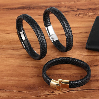Premium Boys Bracelet - Stainless Steel Magnetic Clasp Woven Real Leather Bracelet| Fashion Accessory & Birthday Gift