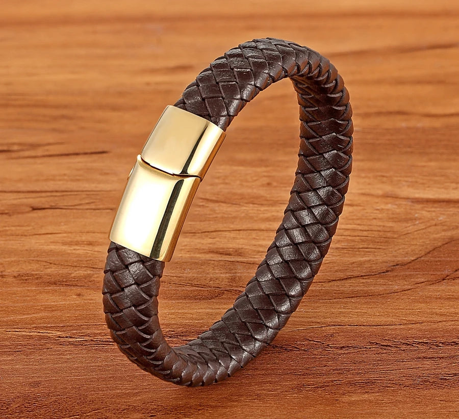 Premium Boys Bracelet - Stainless Steel Magnetic Clasp Woven Real Leather Bracelet| Fashion Accessory & Birthday Gift