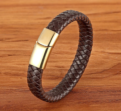 Premium Boys Bracelet - Stainless Steel Magnetic Clasp Woven Real Leather Bracelet| Fashion Accessory & Birthday Gift
