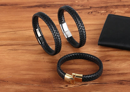 Premium Boys Bracelet - Stainless Steel Magnetic Clasp Woven Real Leather Bracelet| Fashion Accessory & Birthday Gift
