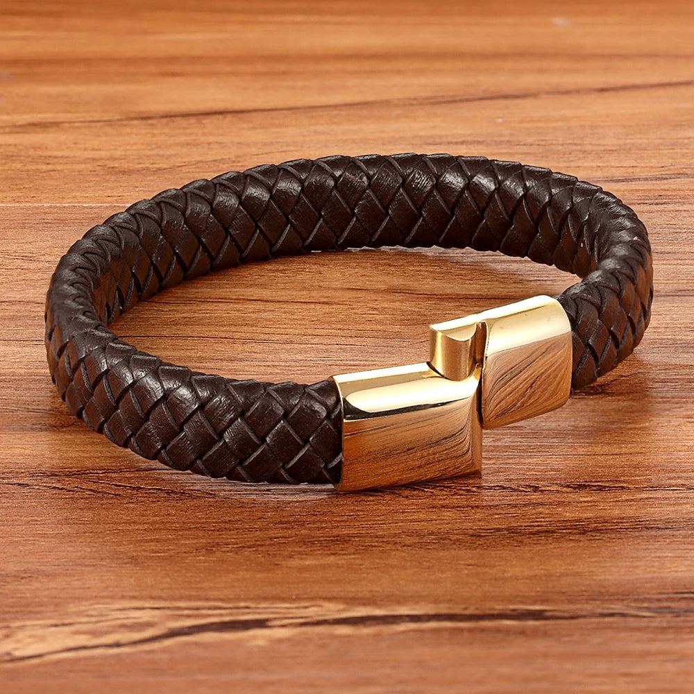 Premium Boys Bracelet - Stainless Steel Magnetic Clasp Woven Real Leather Bracelet| Fashion Accessory & Birthday Gift