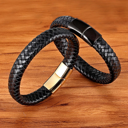 Premium Boys Bracelet - Stainless Steel Magnetic Clasp Woven Real Leather Bracelet| Fashion Accessory & Birthday Gift
