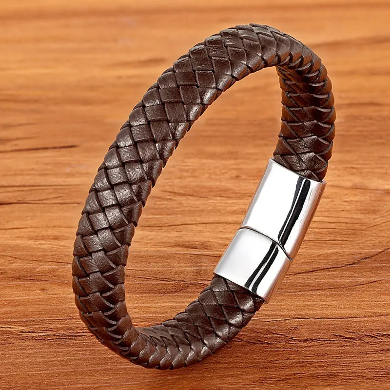 Premium Boys Bracelet - Stainless Steel Magnetic Clasp Woven Real Leather Bracelet| Fashion Accessory & Birthday Gift
