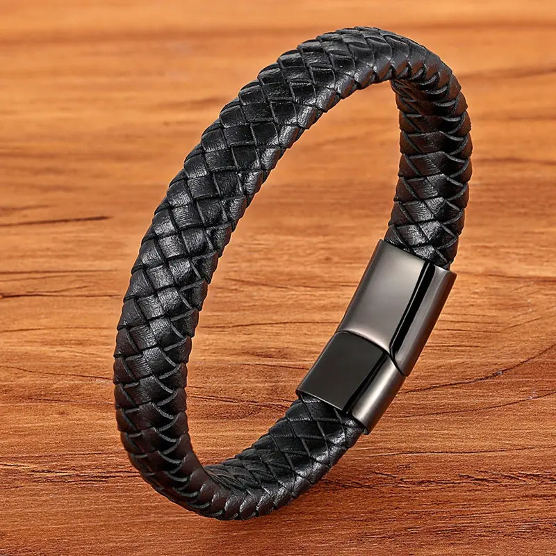 Premium Boys Bracelet - Stainless Steel Magnetic Clasp Woven Real Leather Bracelet| Fashion Accessory & Birthday Gift
