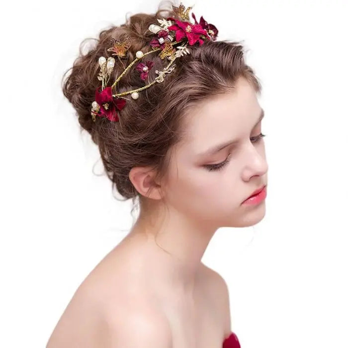 Radiant Red Flower Tiara: Sparkling Crystal Pearl Headband for Bridesmaids and Special Occasions!