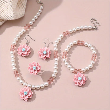 Sweet Imitation Pearl Jewellery Set for Teens | Flower Pendant Necklace, Bracelet, Earrings & Adjustable Ring Gift!