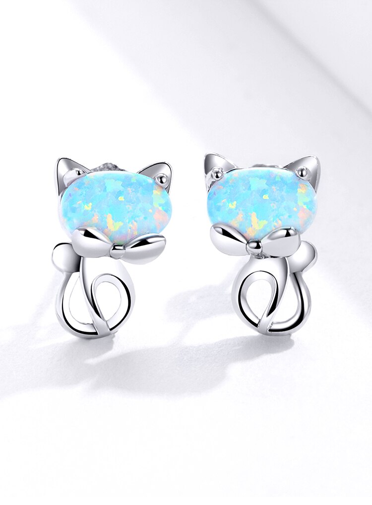 Purrfectly Gorgeous - Genuine 925 Sterling Silver Blue Opal Cat Stud Earrings.