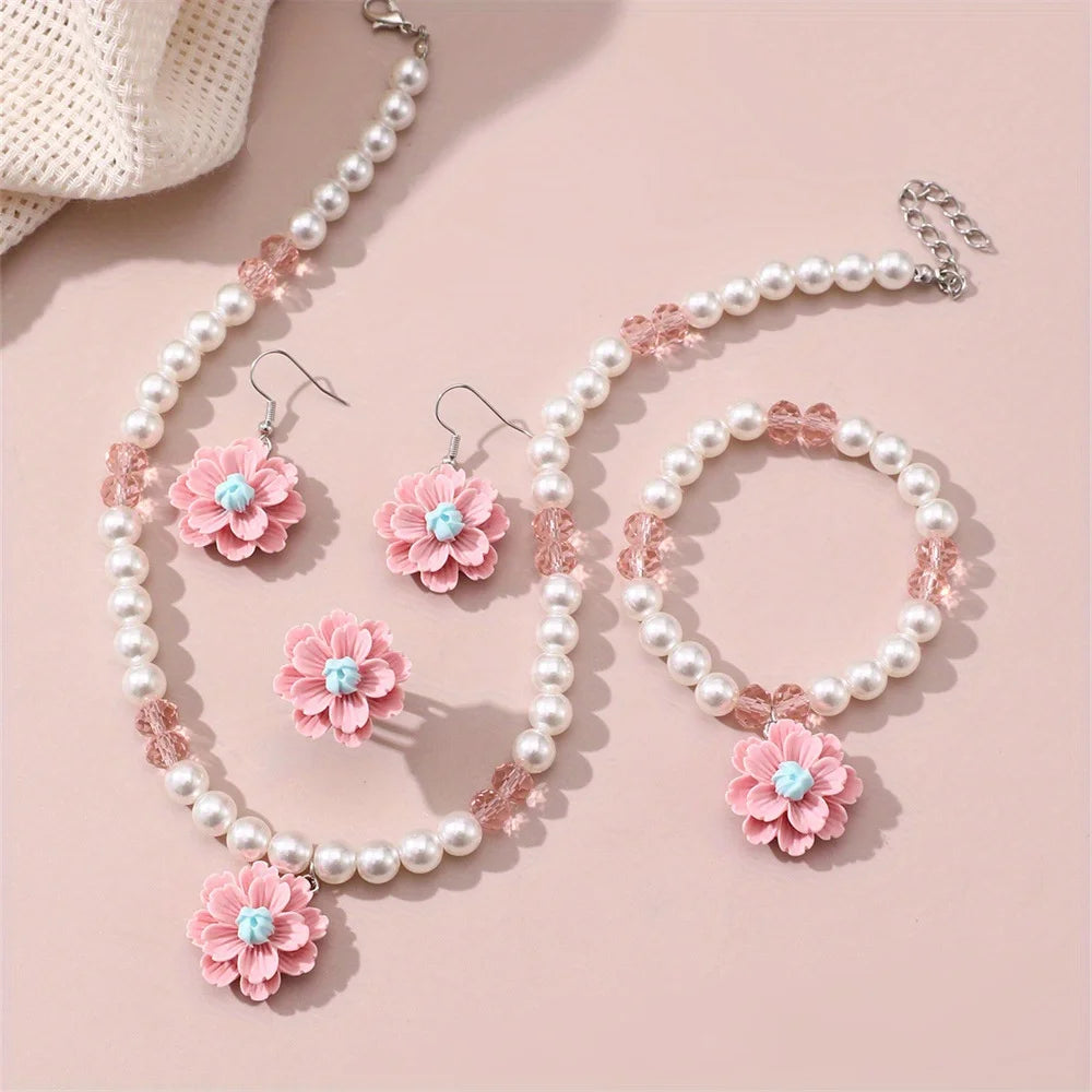 Sweet Imitation Pearl Jewellery Set for Teens | Flower Pendant Necklace, Bracelet, Earrings & Adjustable Ring Gift!