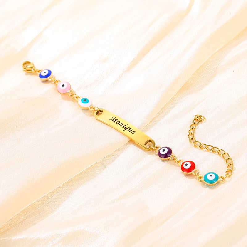 Personalised Name Bracelet with Eye Beads | Custom Engraved Chain Link Friendship Bracelet for Kids!