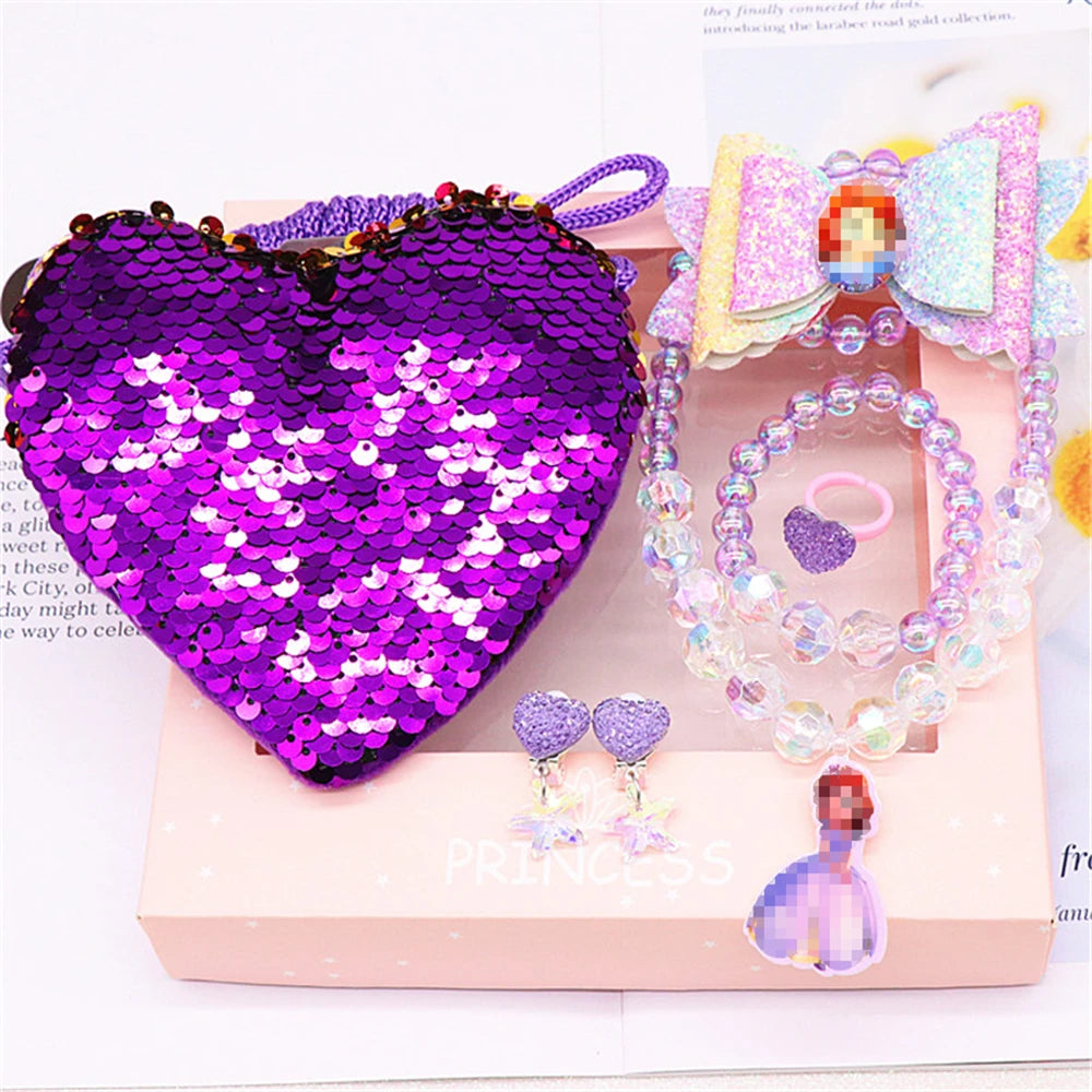 Enchanting Cartoon Princess Jewelry Set for Baby and Toddler Girls: Earrings, Necklace, Bracelet, Ring, Bag, Bow, and Hair Clips!