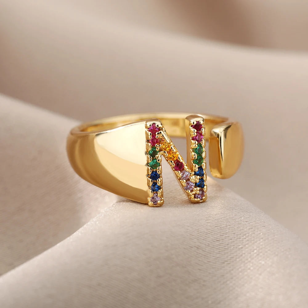 Adjustable Initial Letter Ring 18K Gold Plated | Multi-Colour Zircon Alphabet Ring for Women & Men | Elegant Birthday Gift!