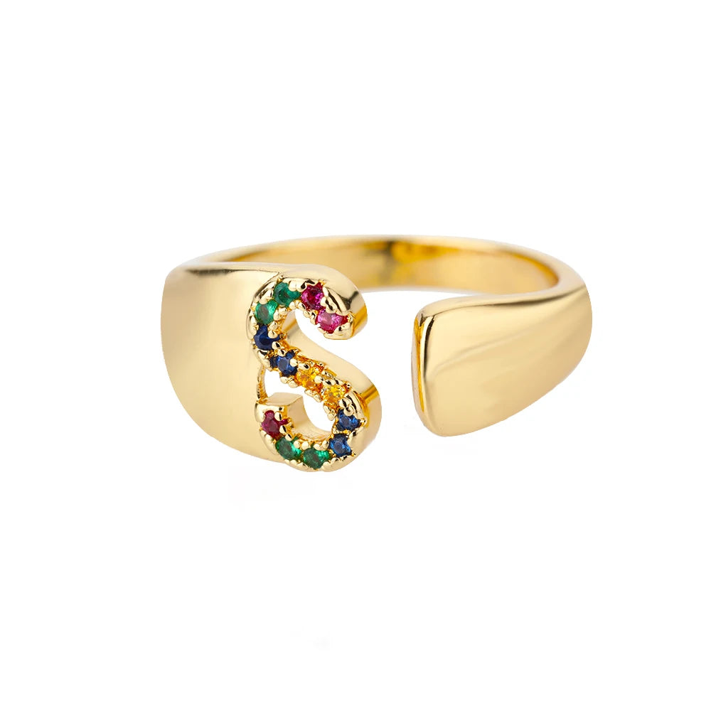 Adjustable Initial Letter Ring 18K Gold Plated | Multi-Colour Zircon Alphabet Ring for Women & Men | Elegant Birthday Gift!