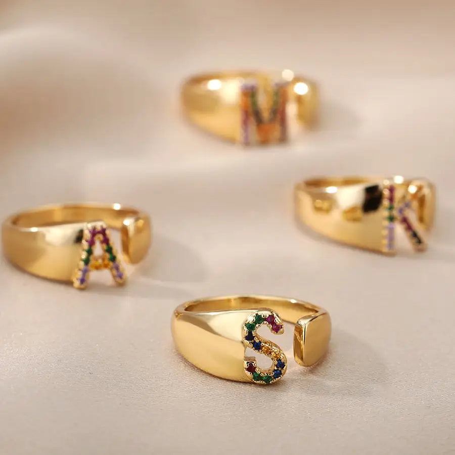 Adjustable Initial Letter Ring 18K Gold Plated | Multi-Colour Zircon Alphabet Ring for Women & Men | Elegant Birthday Gift!